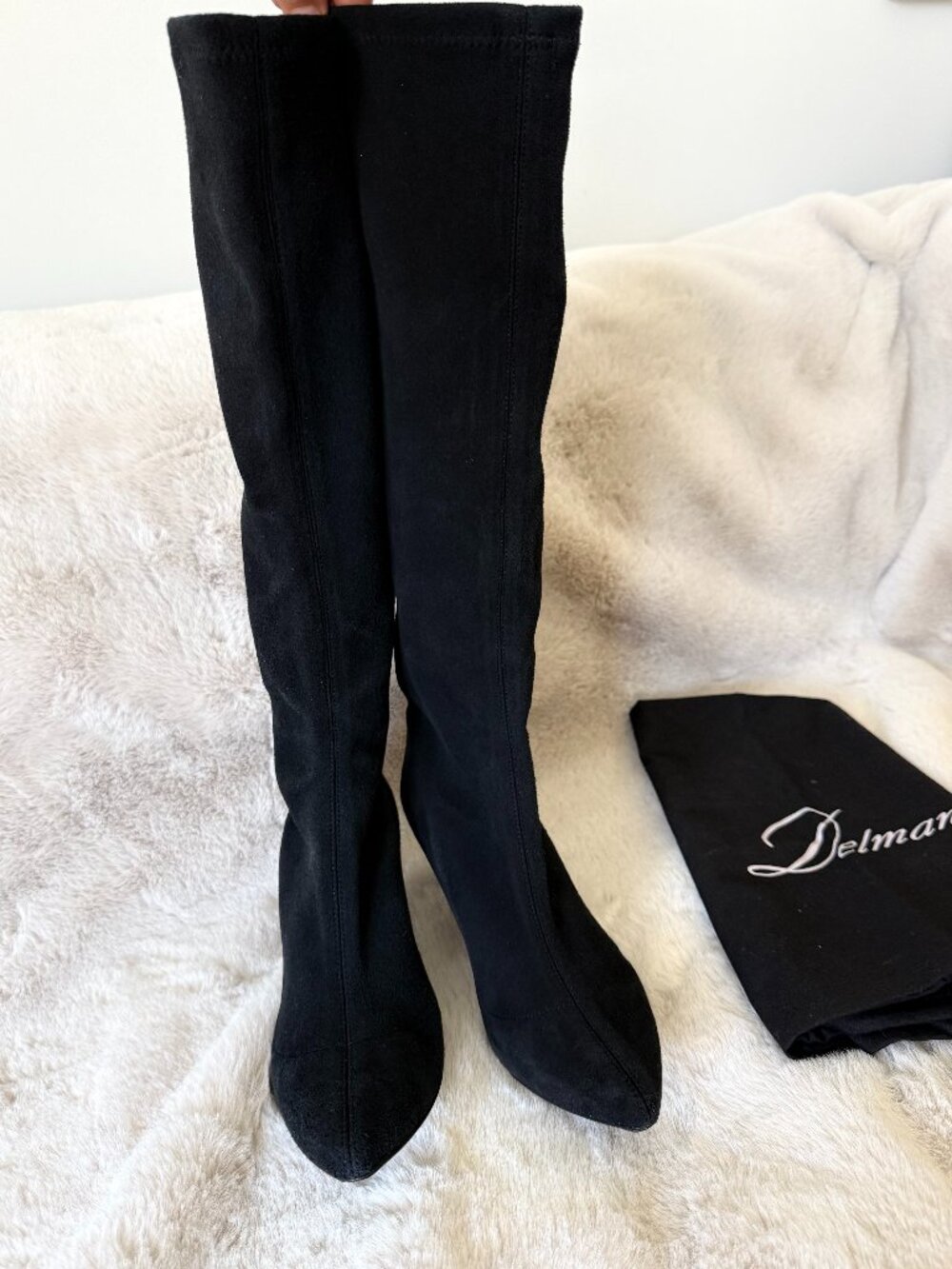 Worn Once! Delman Black Suede Knee-High Boots with Pointed Toe - Picture 2 of 13